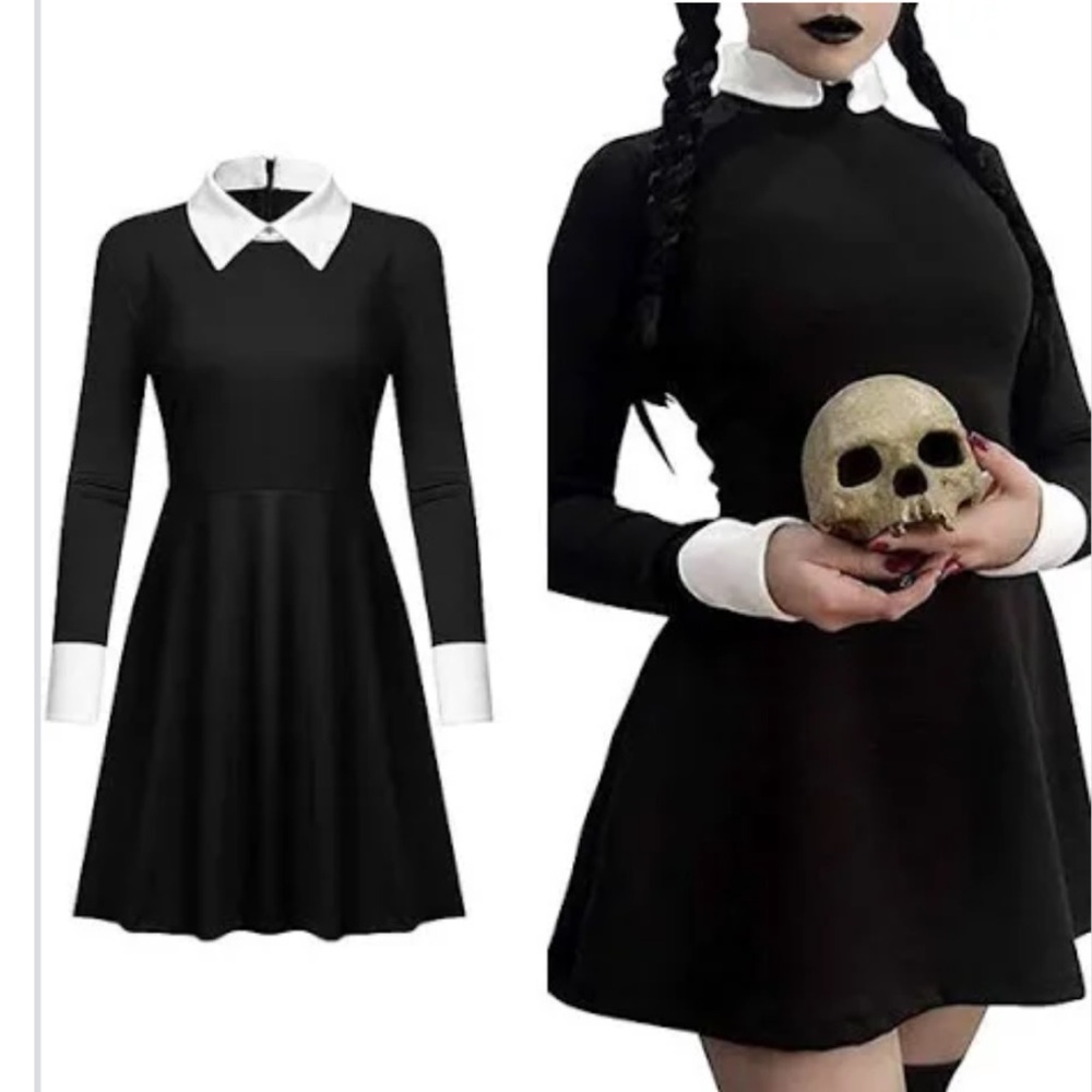 Wendy Adams Dress size Large Black and White Collared Dress Halloween Everyday